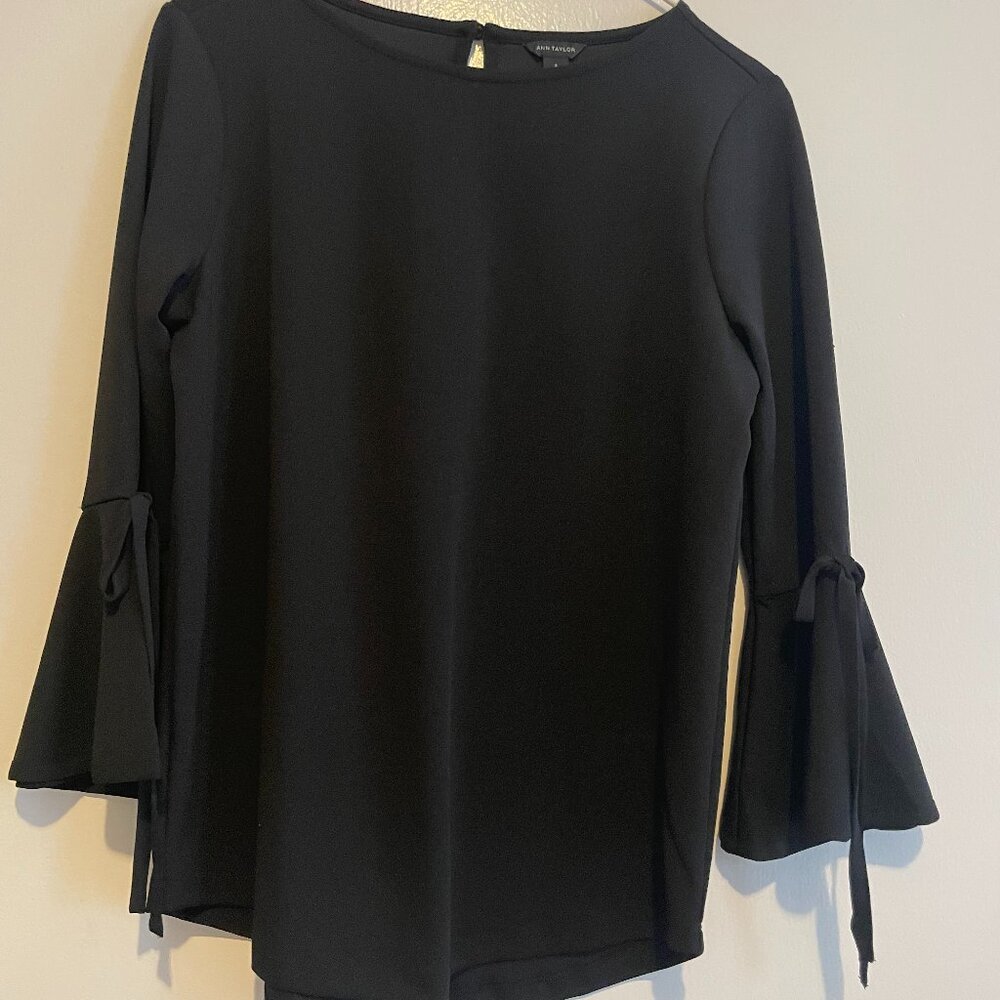 Ann Taylor Black Blouse with Bell Sleeves and Tie Bows – S - Great Condition